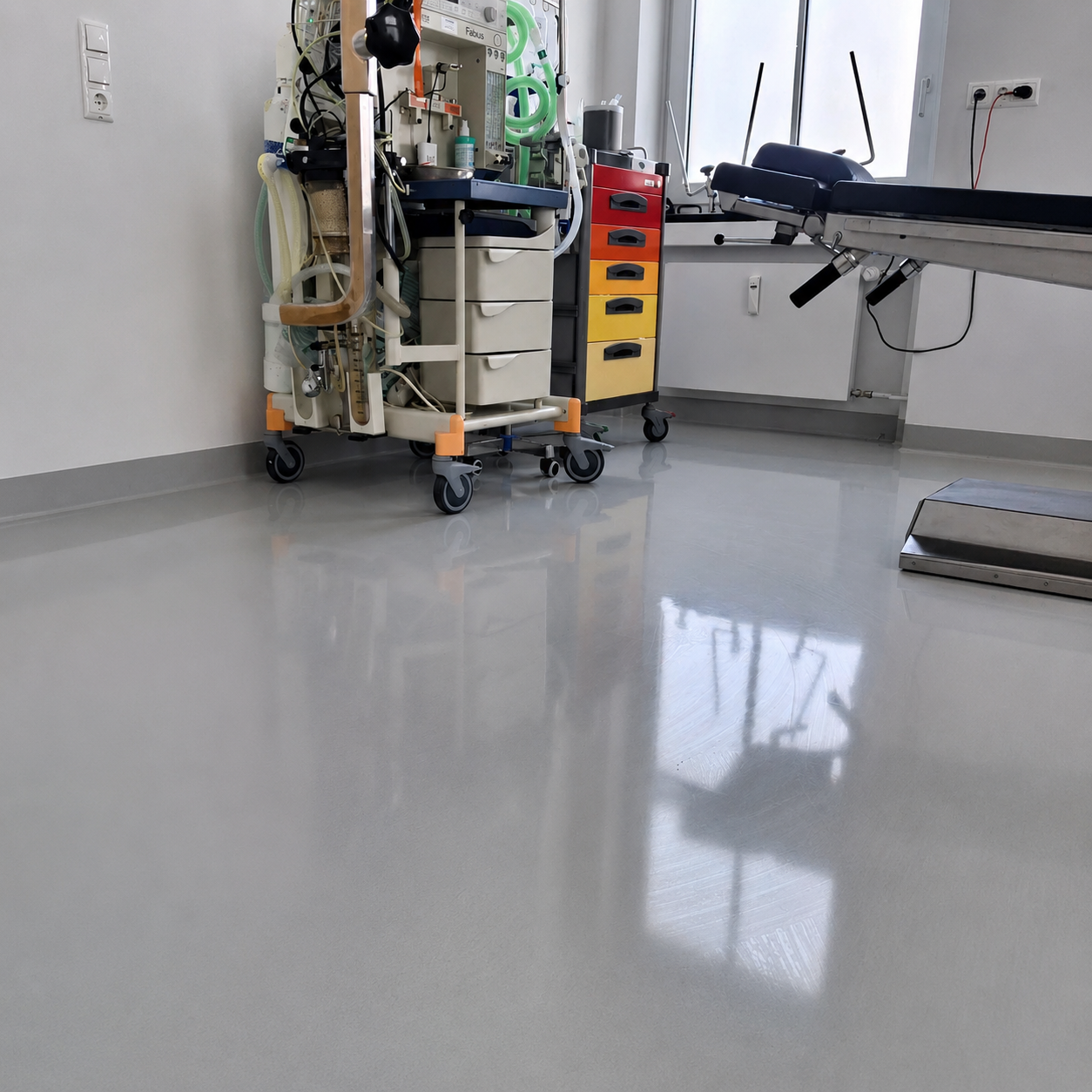 Seamless high-gloss epoxy floor with coved base in a medical clinic